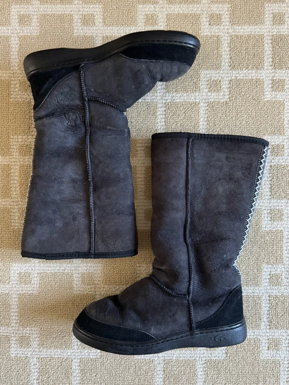 UGG Ultra Tall Revival Tasman Braid Suede Shearling Boots Black Size 10